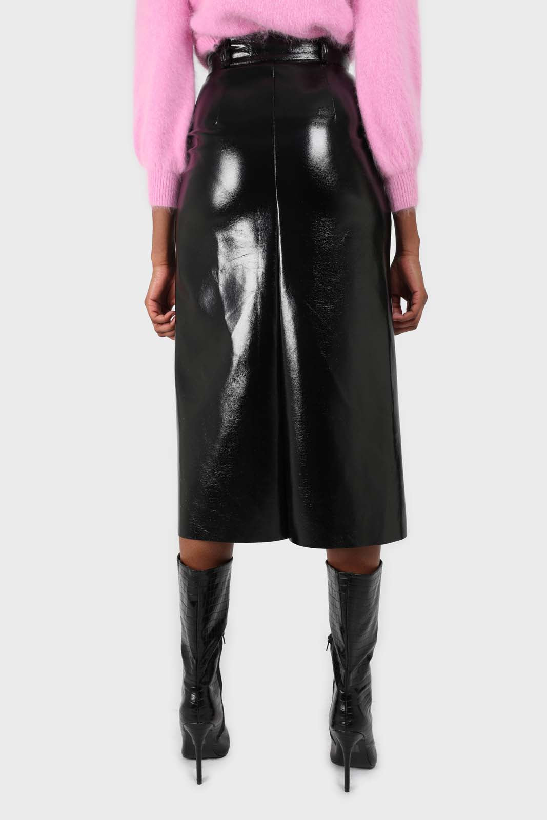 Black PVC front slit gold button maxi skirt