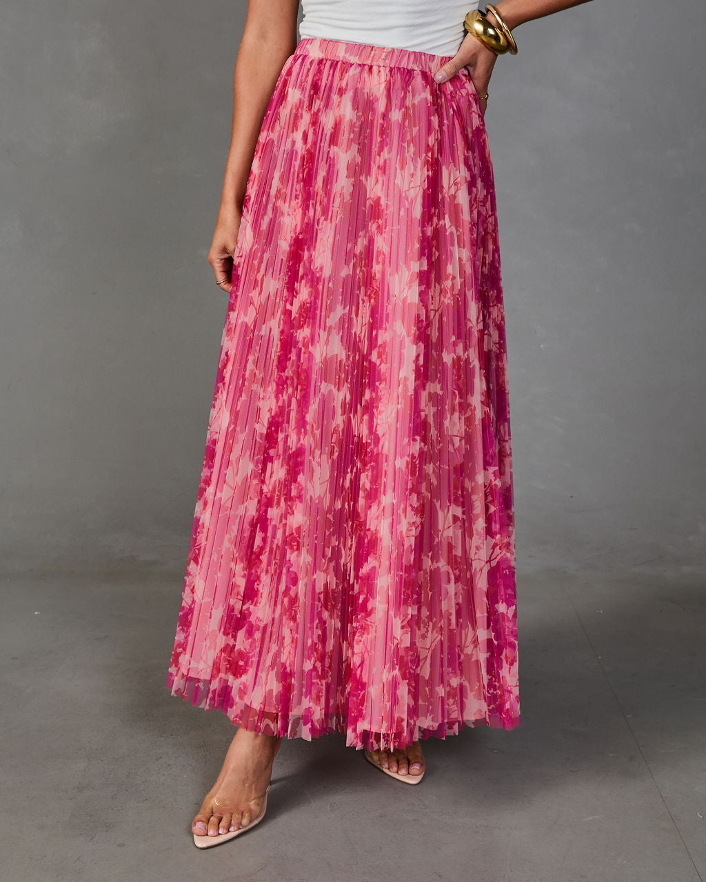 Whispered Rose Pleated Tulle Floral Maxi Skirt
