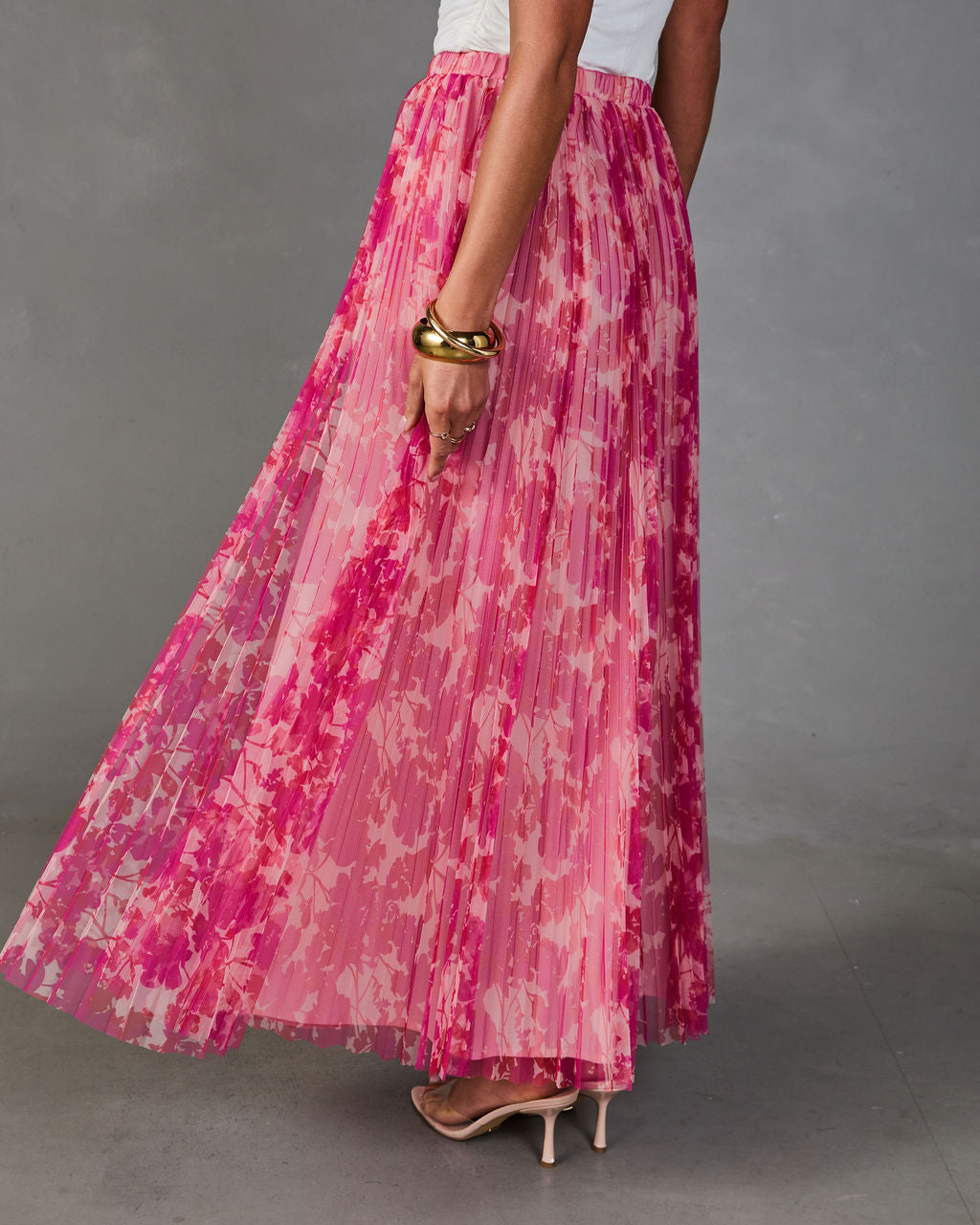 Whispered Rose Pleated Tulle Floral Maxi Skirt