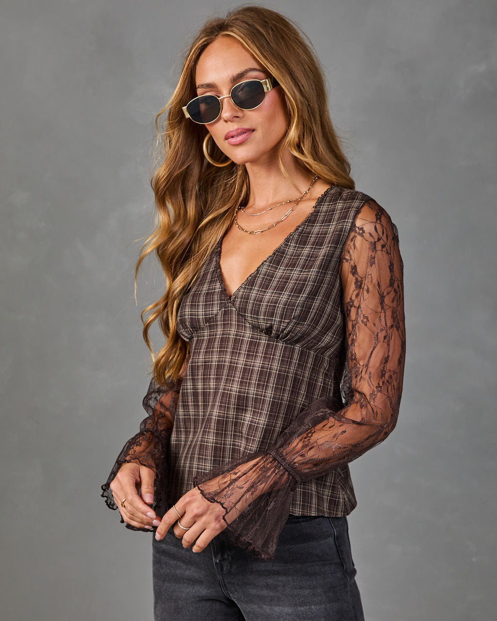 Honeyed Moments Lace Plaid Top