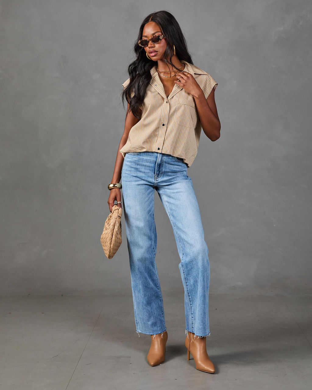 Calloway Striped Button Down Sleeveless Top