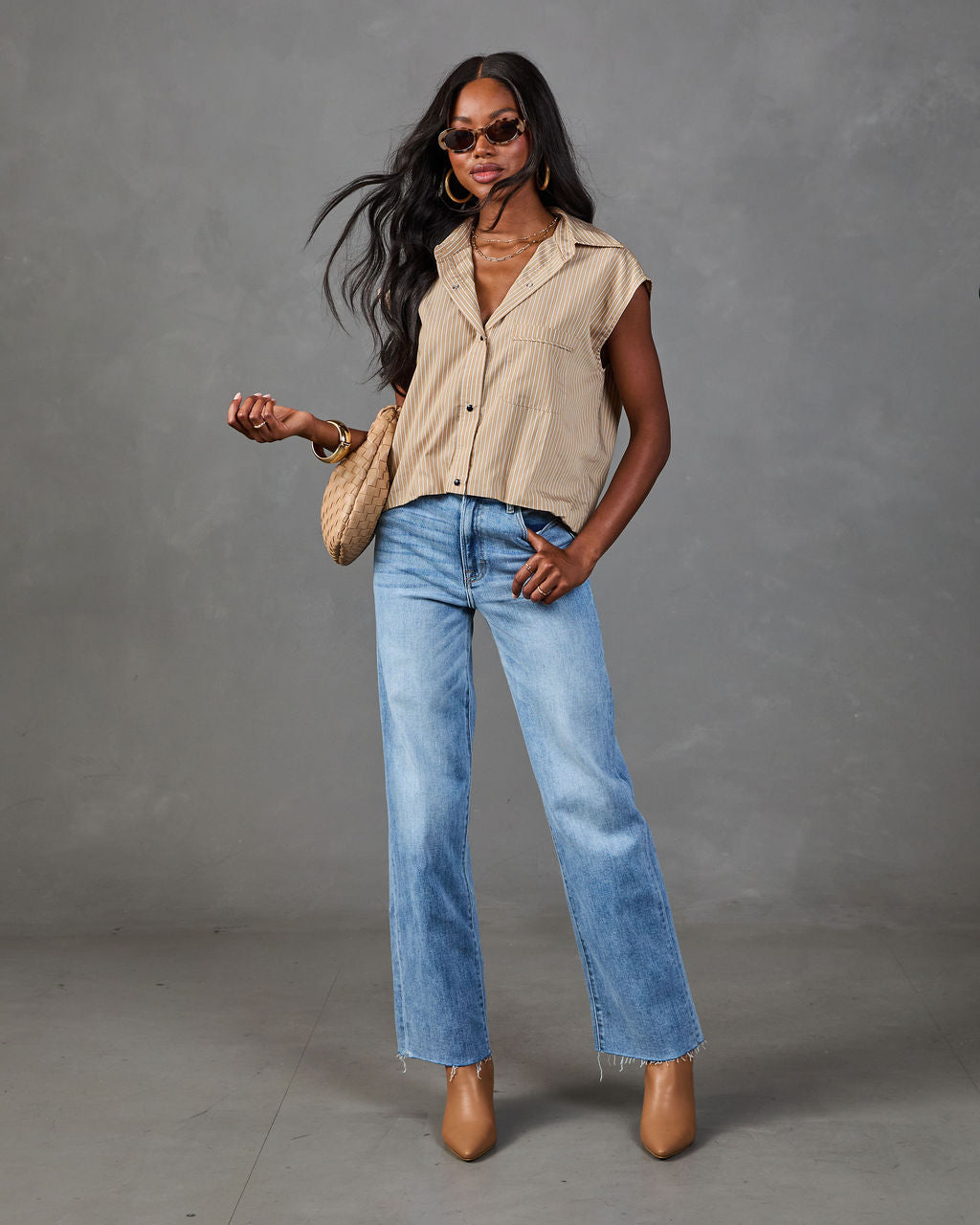 Calloway Striped Button Down Sleeveless Top