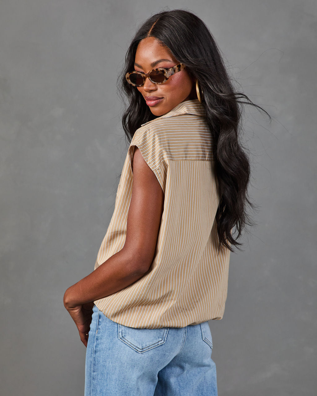 Calloway Striped Button Down Sleeveless Top