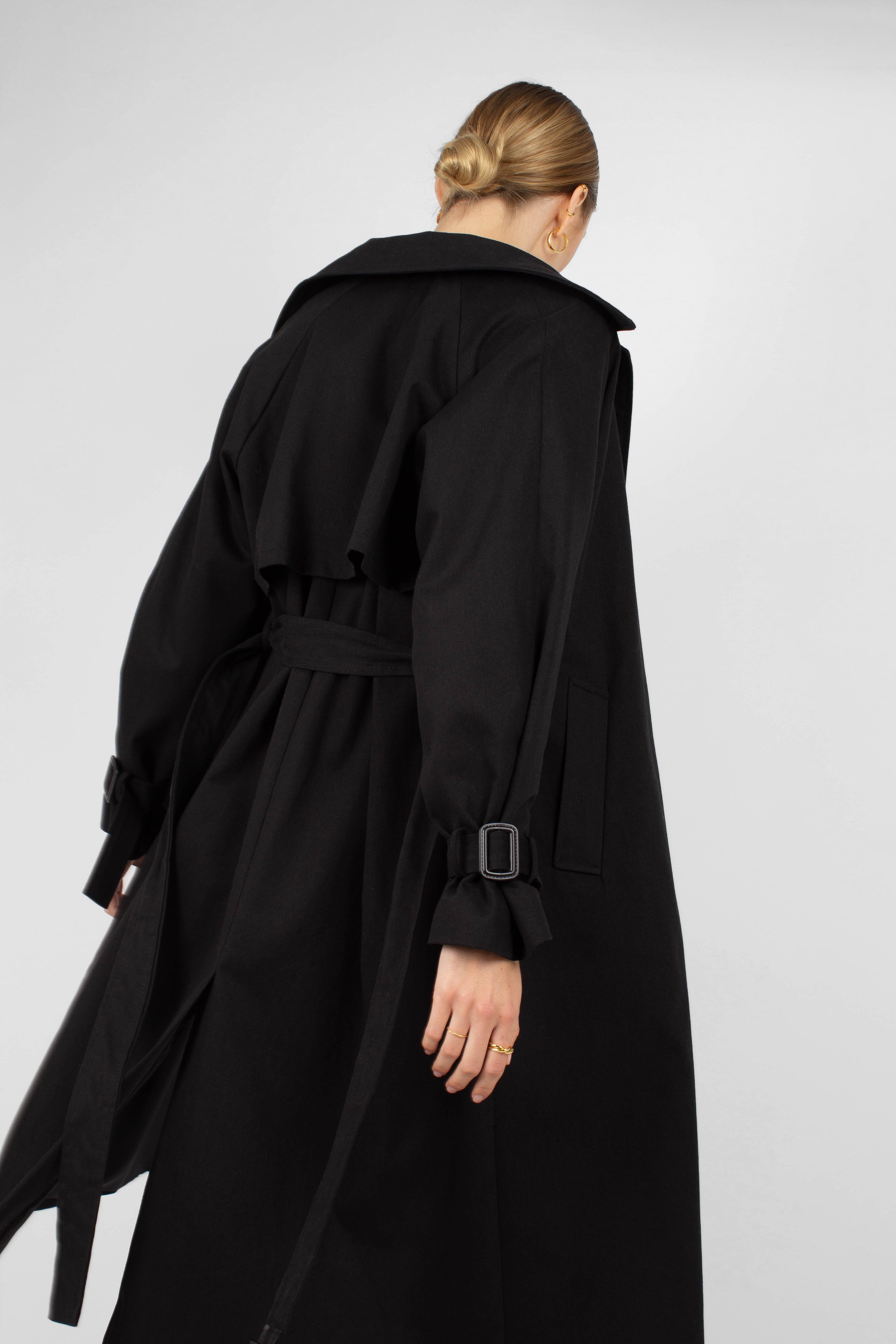 Black single breasted back detail trench coat