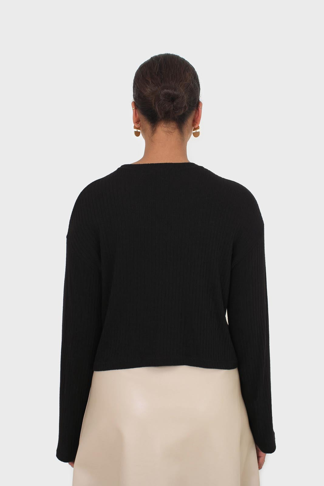 Black semi sheer vertical striped long sleeved top