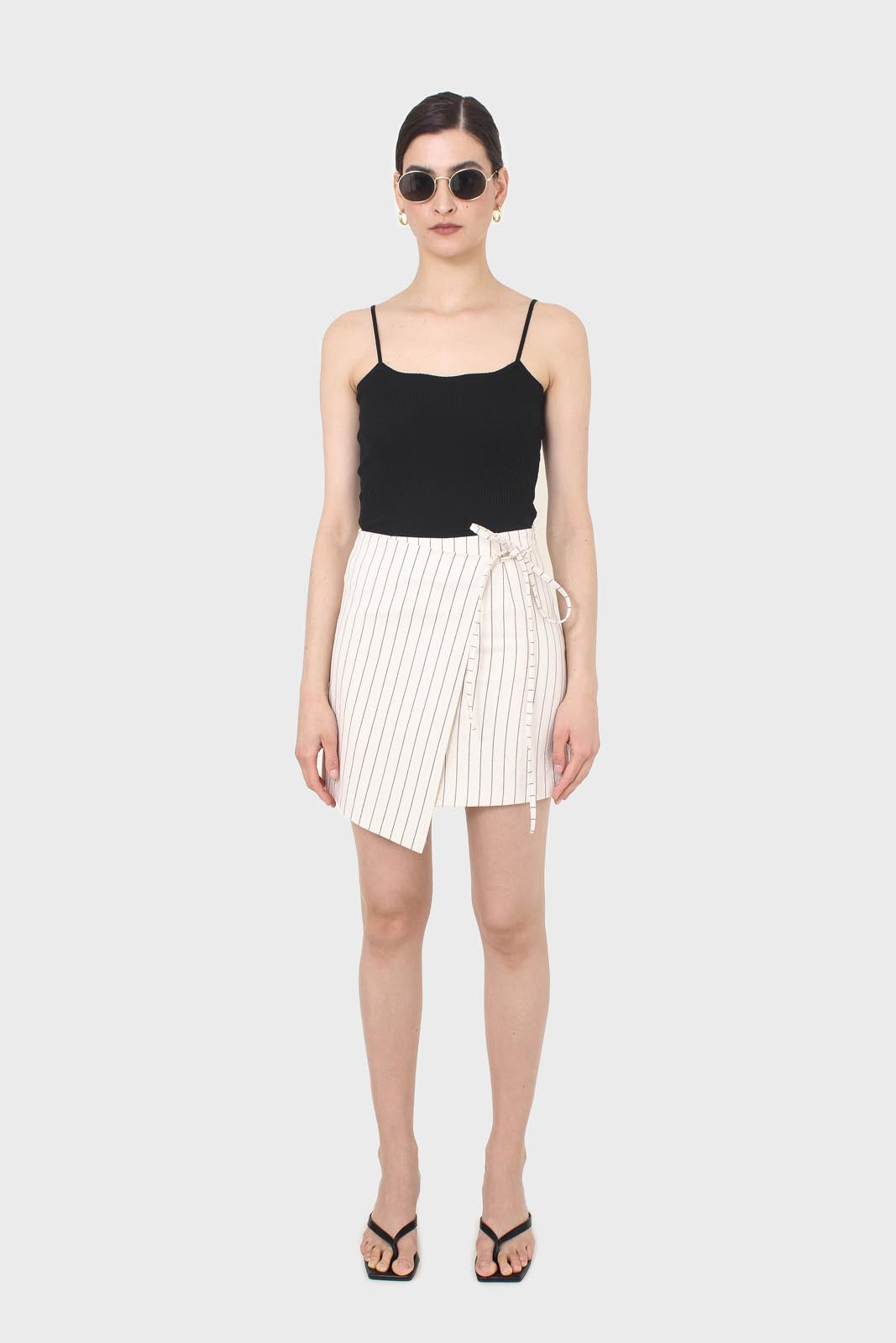 Cream and black pinstripe wrap mini skirt