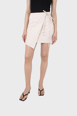 Cream and black pinstripe wrap mini skirt