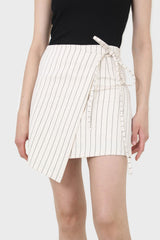 Cream and black pinstripe wrap mini skirt