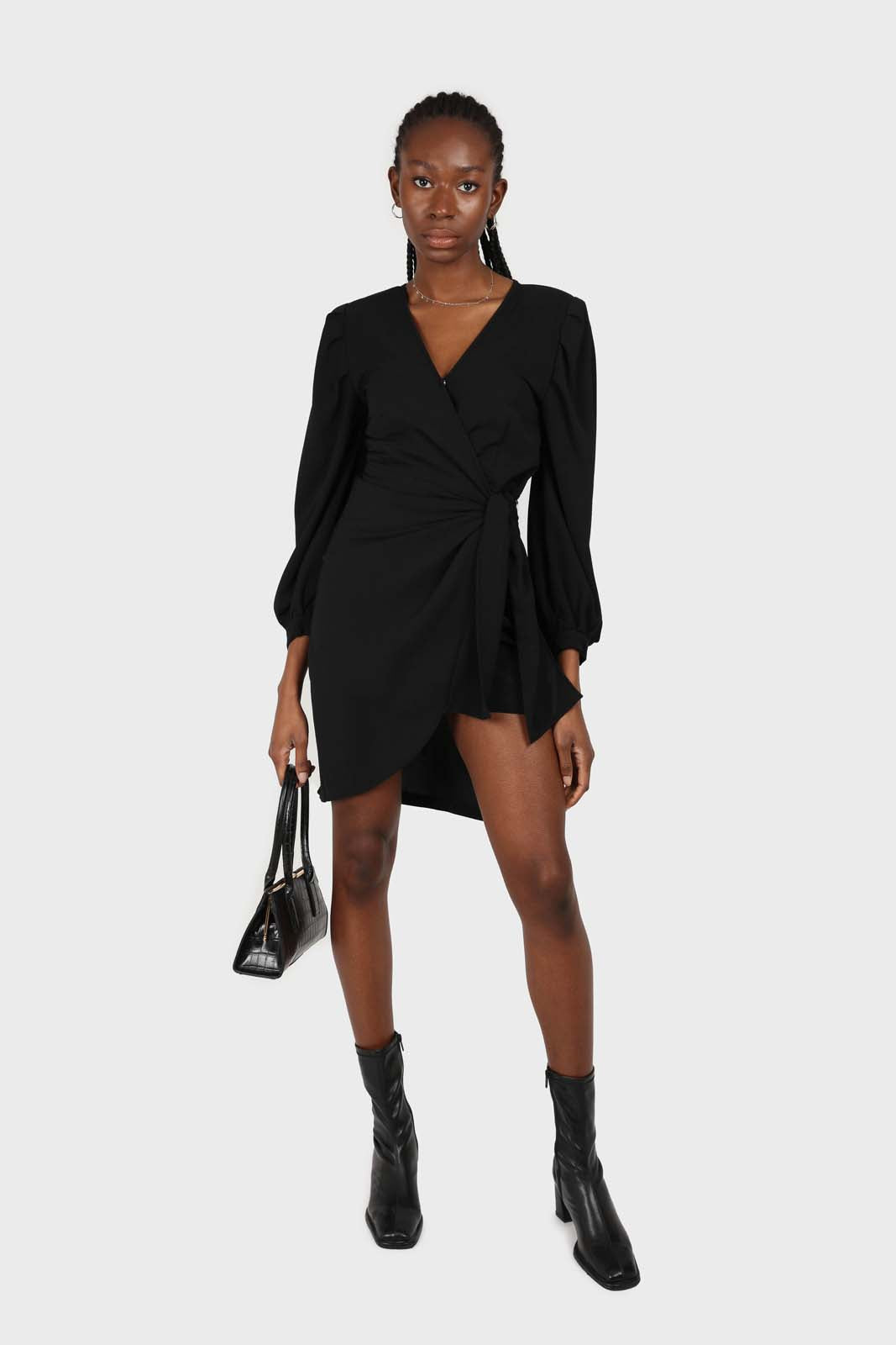 Black plunging neck wrap waist midi dress