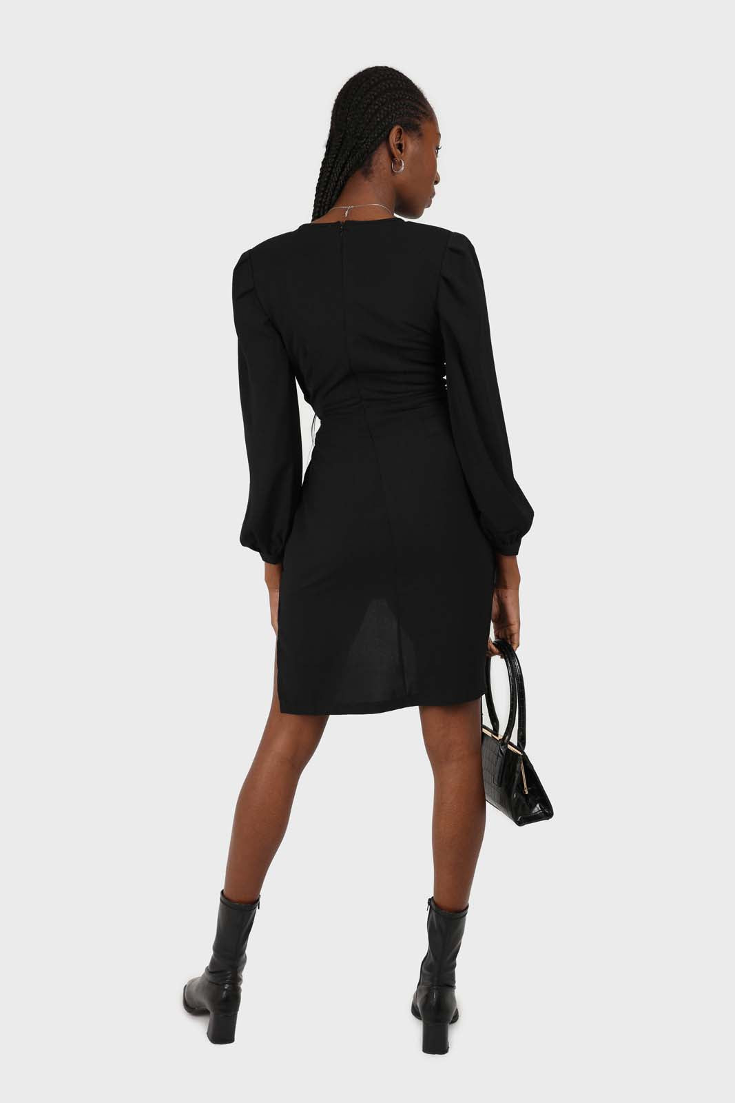 Black plunging neck wrap waist midi dress