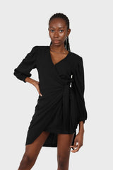 Black plunging neck wrap waist midi dress