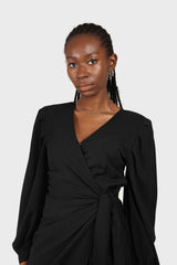 Black plunging neck wrap waist midi dress