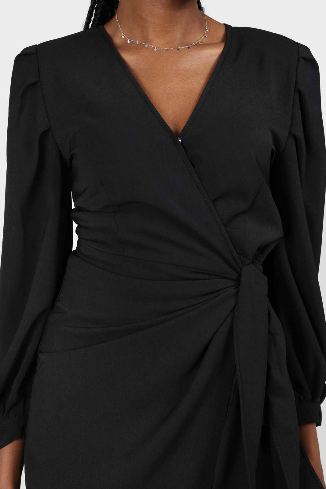 Black plunging neck wrap waist midi dress