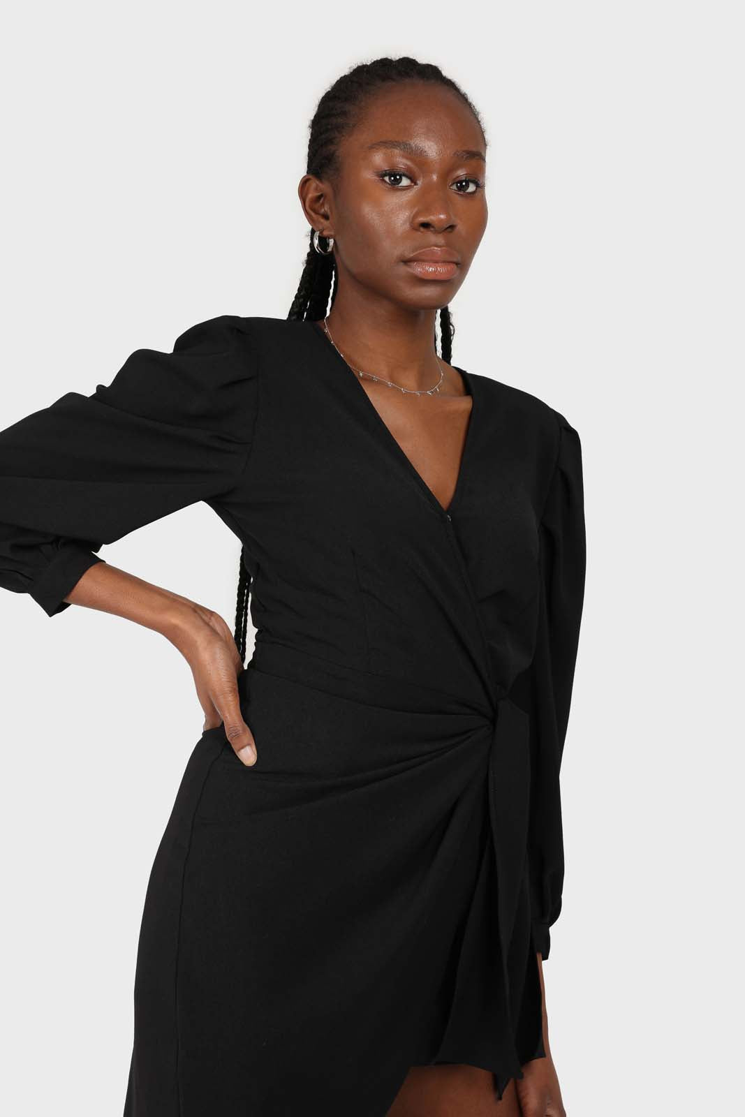 Black plunging neck wrap waist midi dress