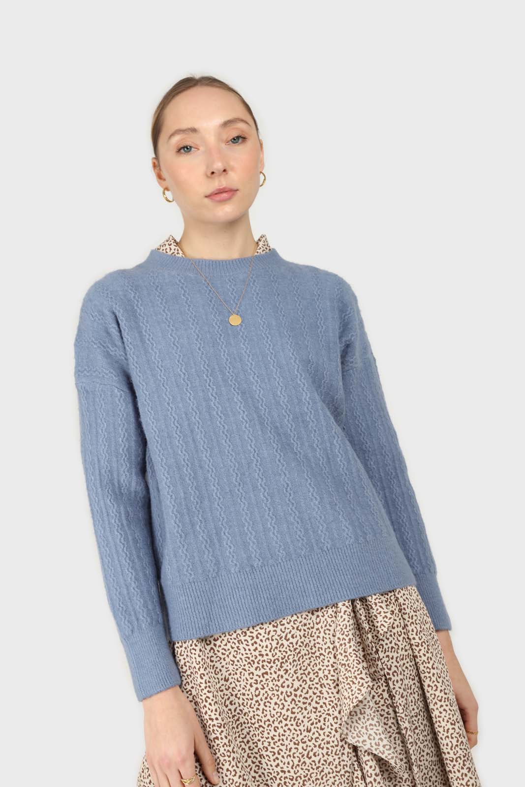 Blue patterned brush crew neck jumper