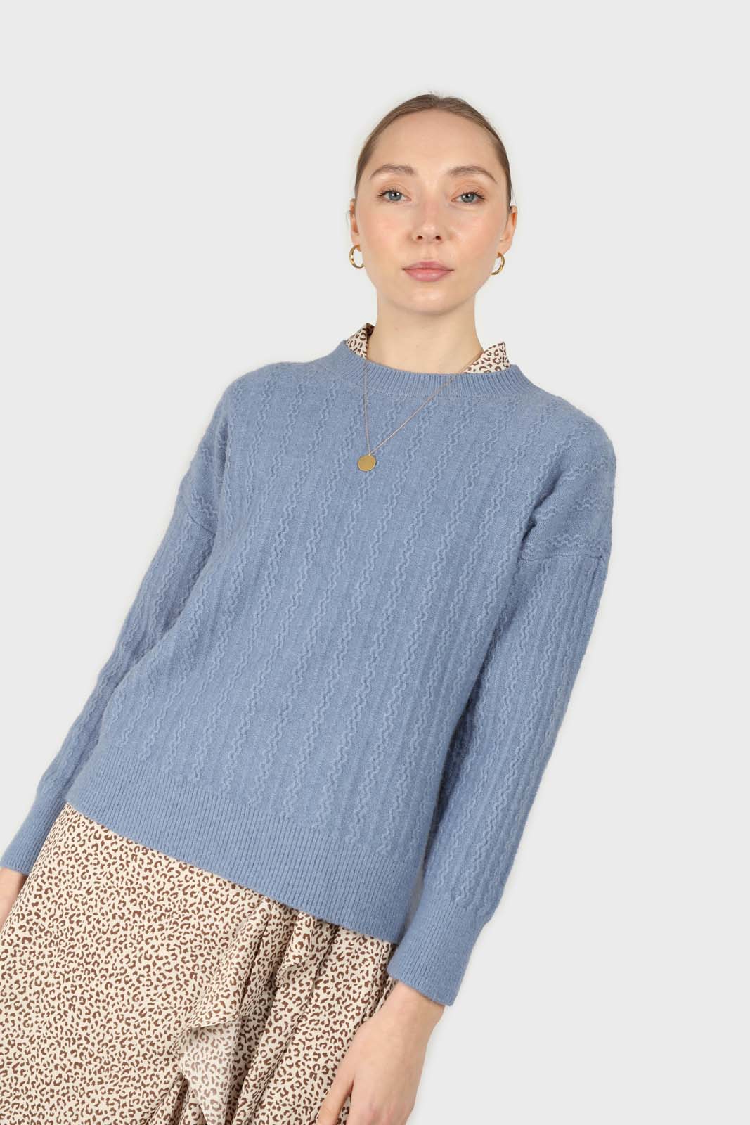 Blue patterned brush crew neck jumper
