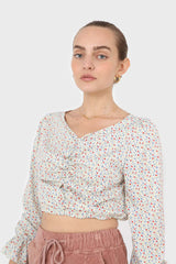 Ivory floral ruched front long sleeved blouse