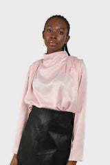 Pink wide shoulder drape detail high neck blouse