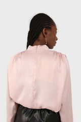 Pink wide shoulder drape detail high neck blouse