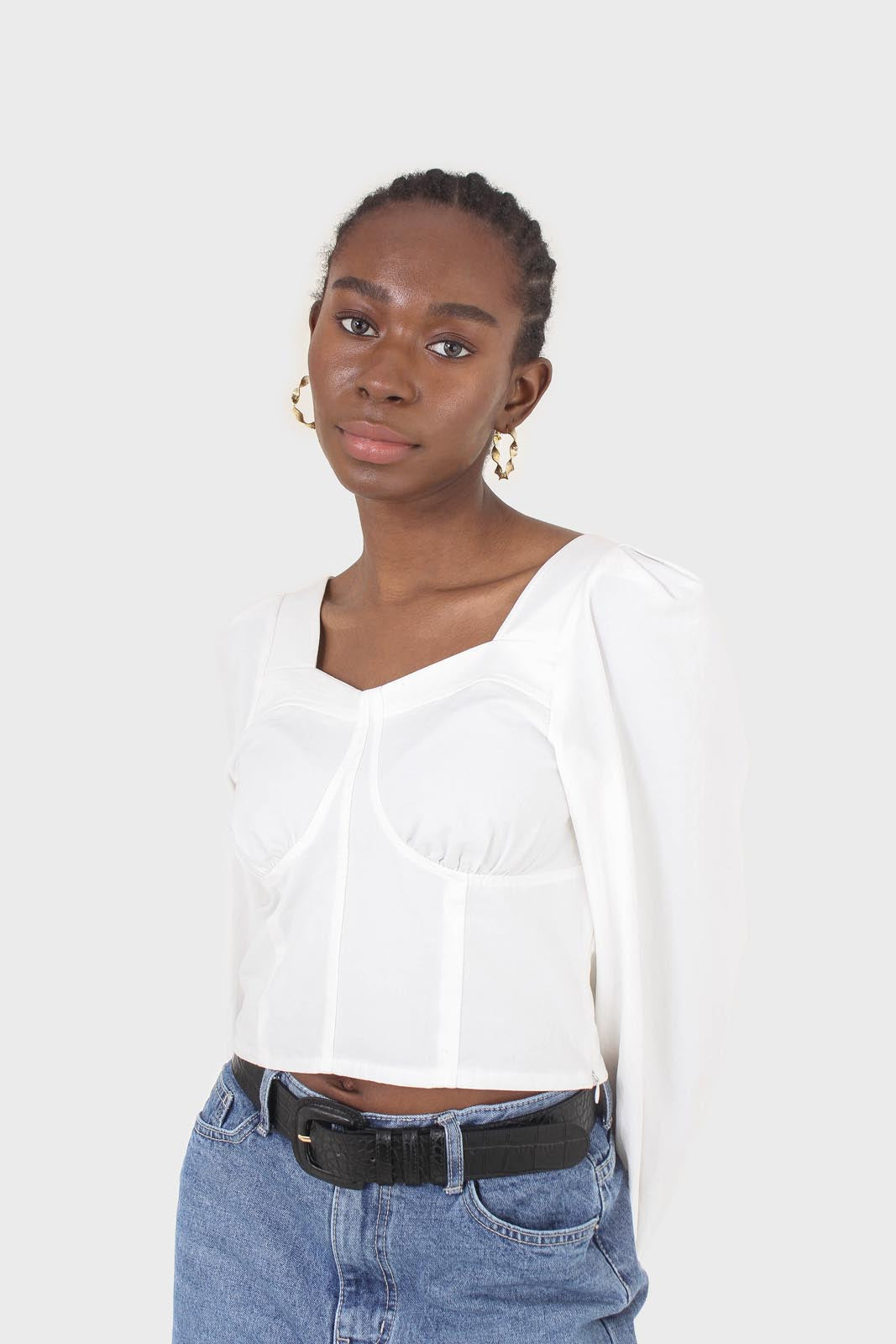 White corset long sleeved cropped top