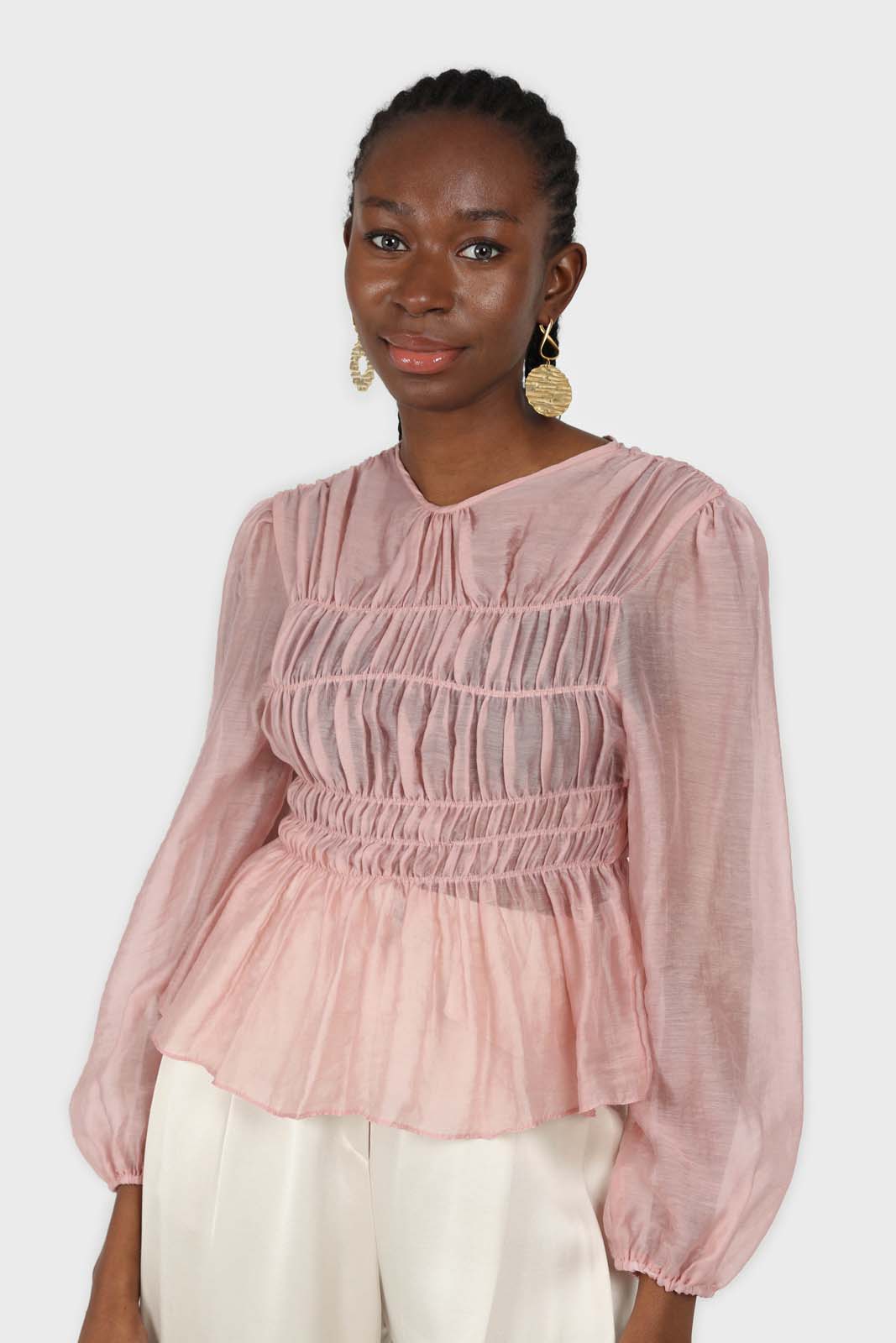 Pink silky ruched long sleeved blouse