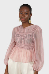 Pink silky ruched long sleeved blouse
