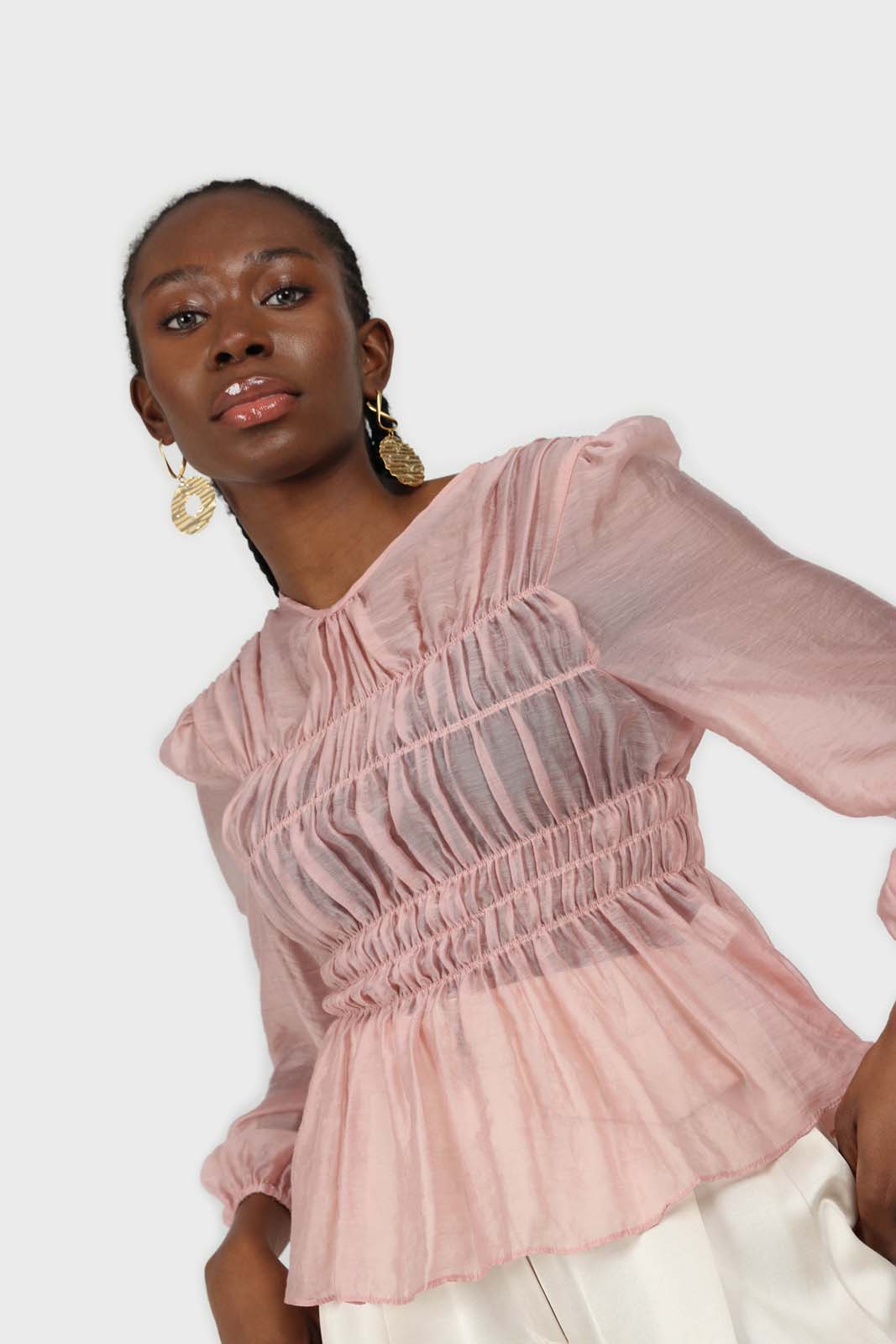 Pink silky ruched long sleeved blouse
