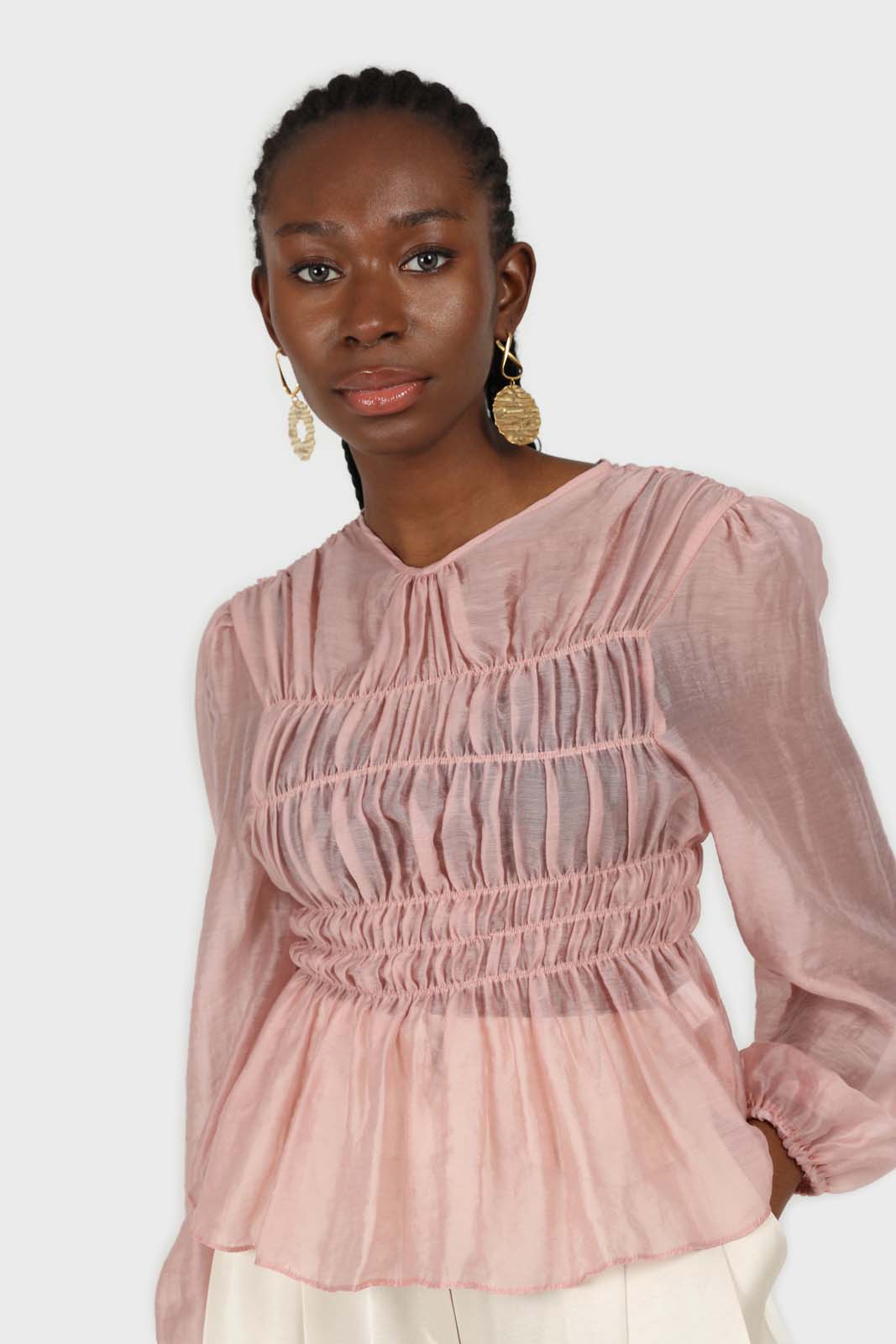 Pink silky ruched long sleeved blouse