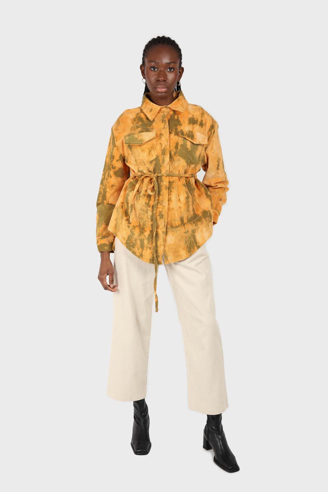 Orange and khaki tie dye tie waist shirt jacket