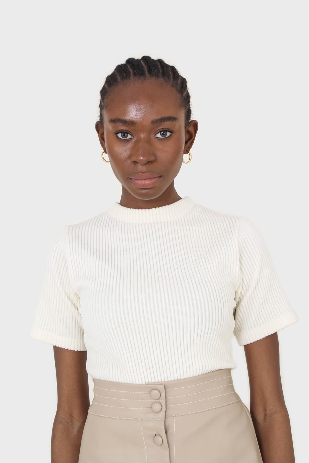 Beige vegan leather contrast stitch button maxi skirt