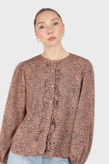 Dusty pink leopard print ruffle long sleeved shirt