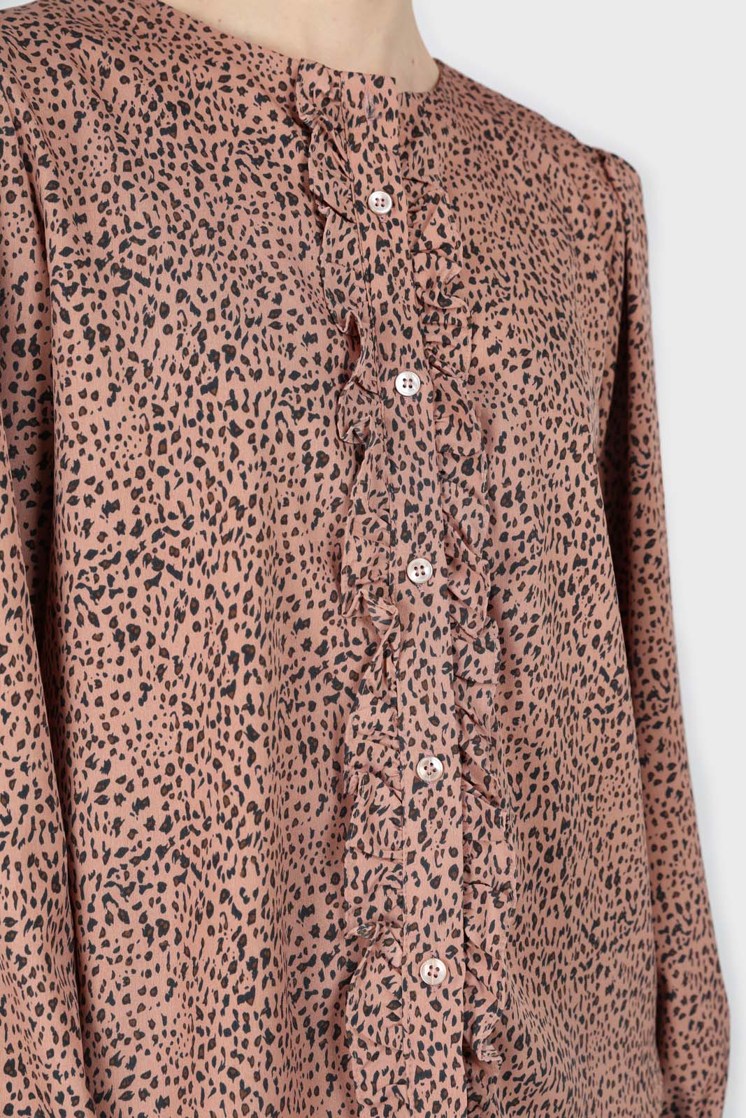 Dusty pink leopard print ruffle long sleeved shirt