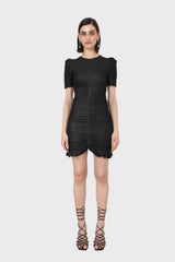 Black ruched short sleeved mini dress
