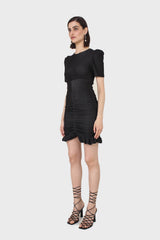 Black ruched short sleeved mini dress