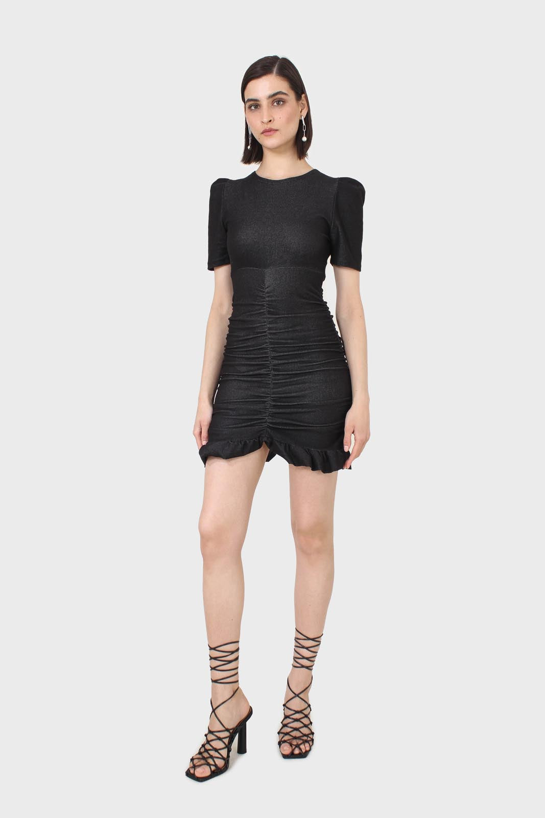 Black ruched short sleeved mini dress