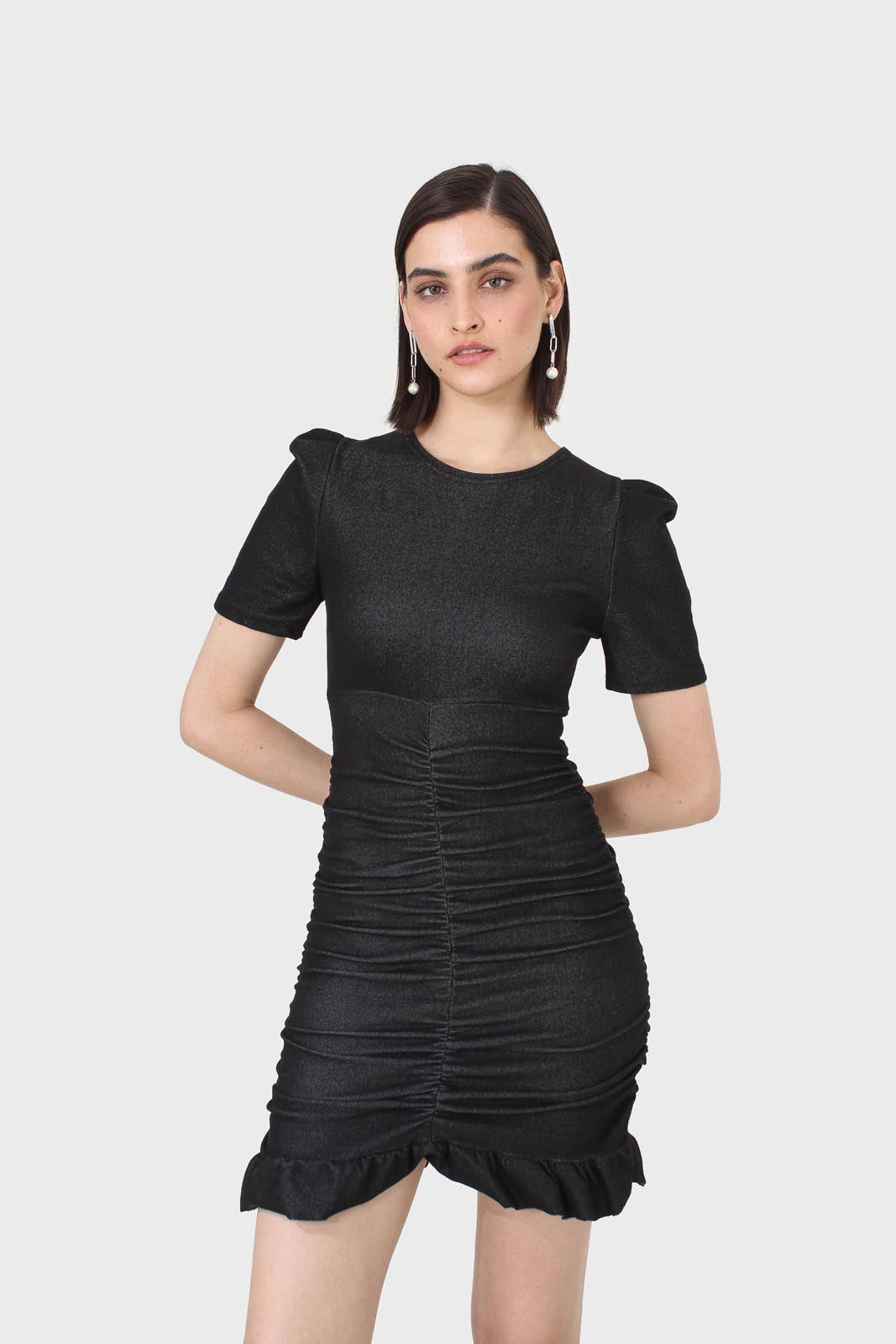 Black ruched short sleeved mini dress