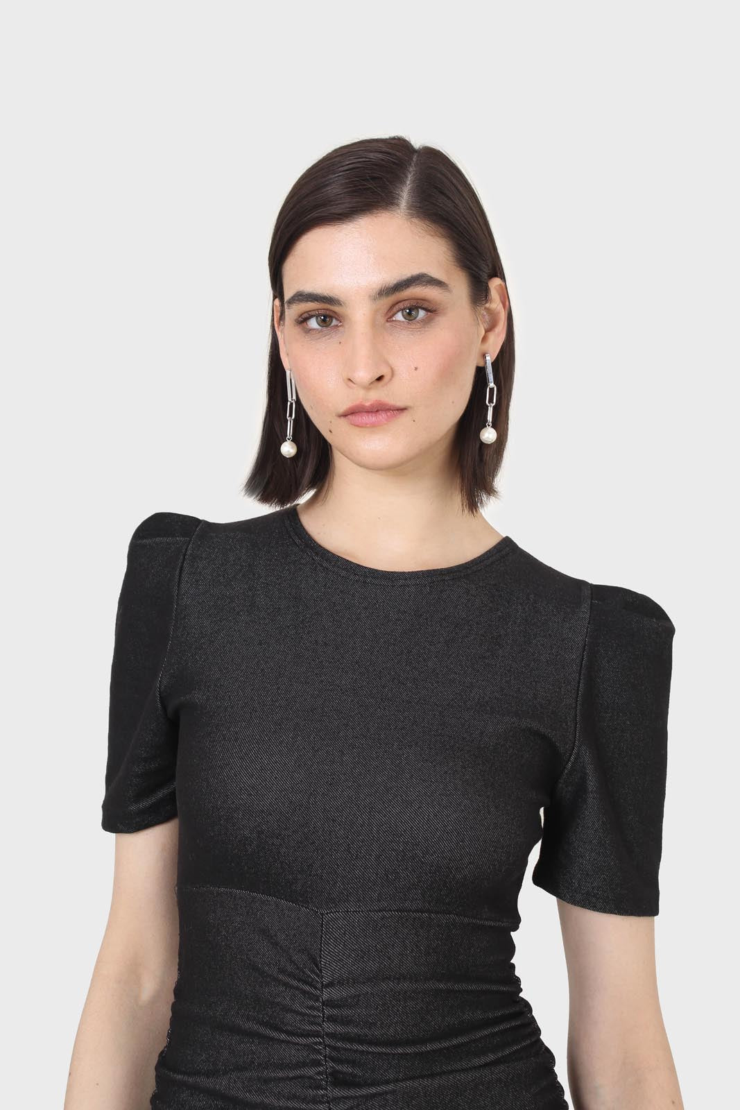 Black ruched short sleeved mini dress