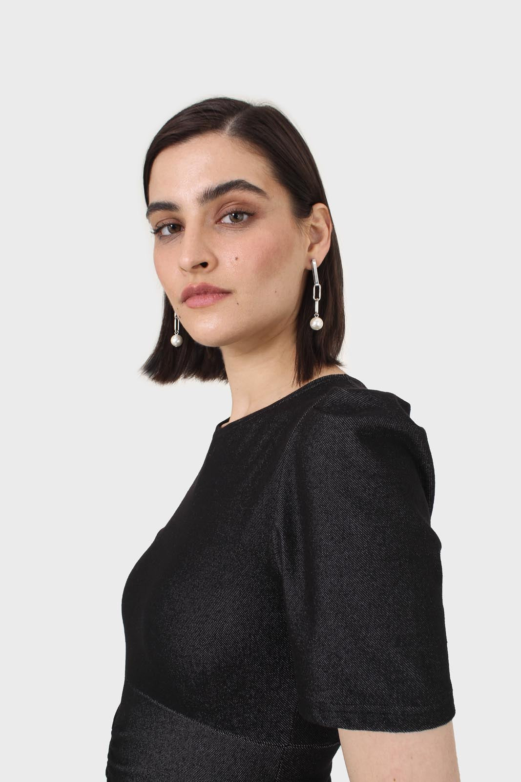 Black ruched short sleeved mini dress