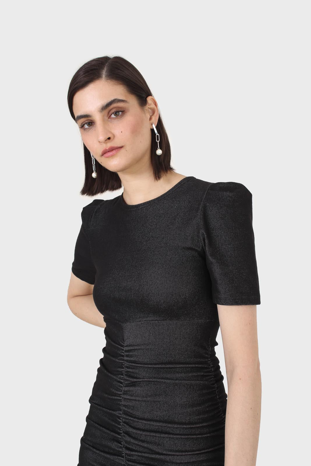 Black ruched short sleeved mini dress
