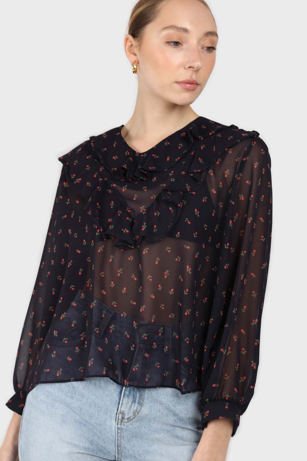 Black and red floral print frill blouse