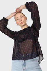Black and red floral print frill blouse