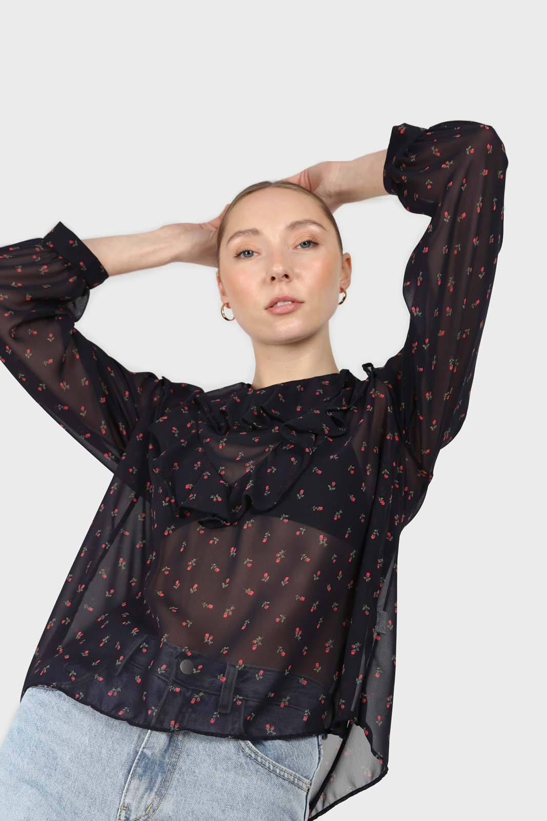 Black and red floral print frill blouse