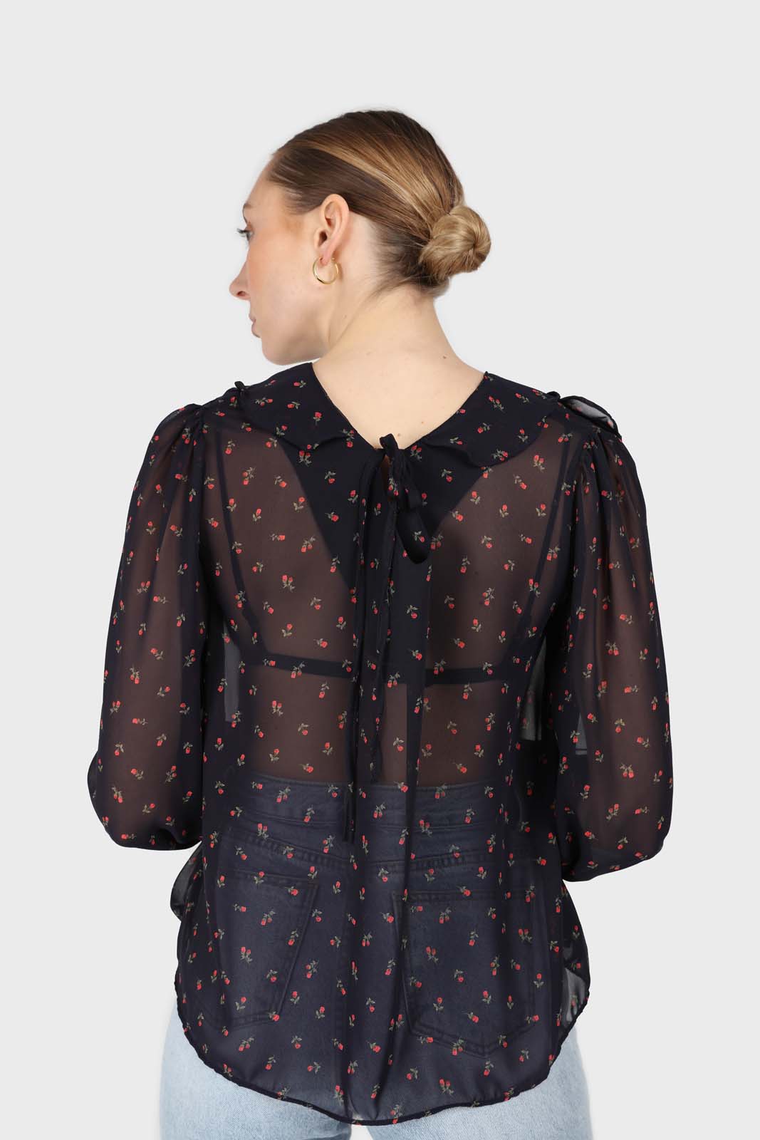 Black and red floral print frill blouse