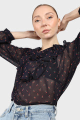 Black and red floral print frill blouse