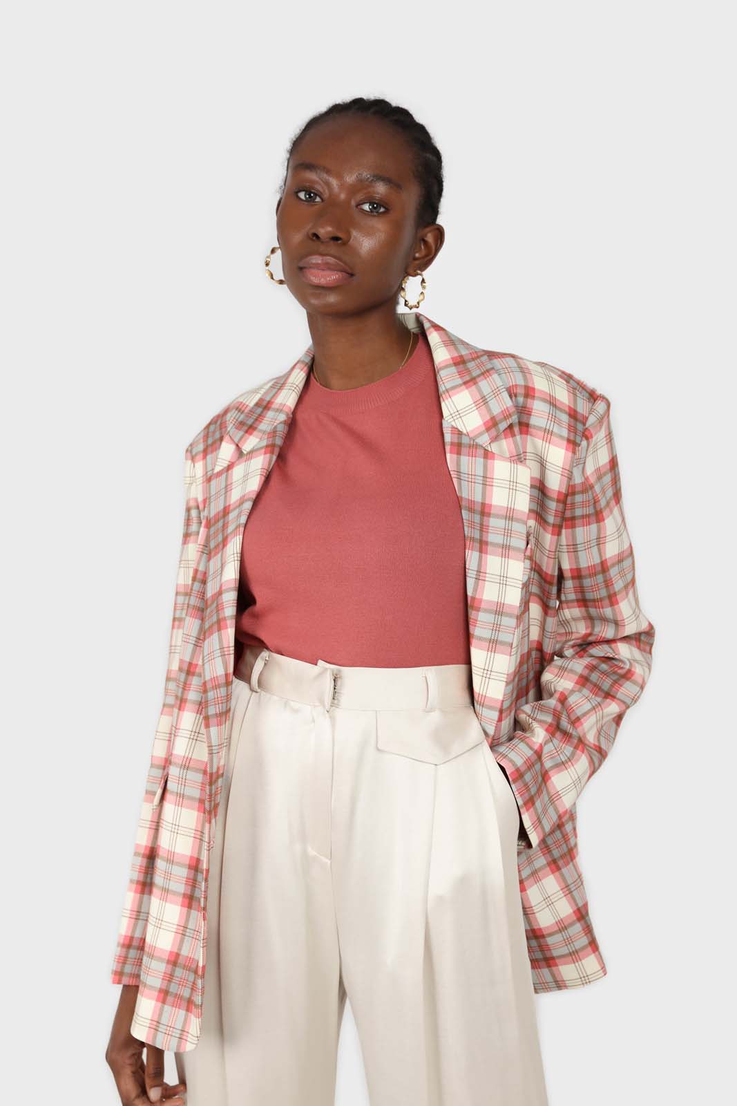 Bright pink grey and white checked blazer