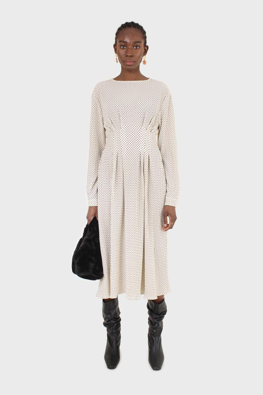 Ivory and black polka dot ribbed maxi dress
