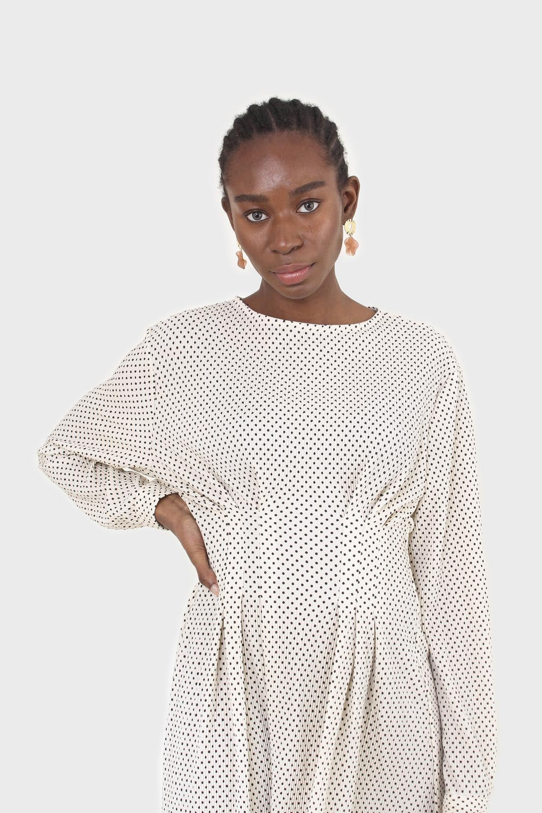 Ivory and black polka dot ribbed maxi dress