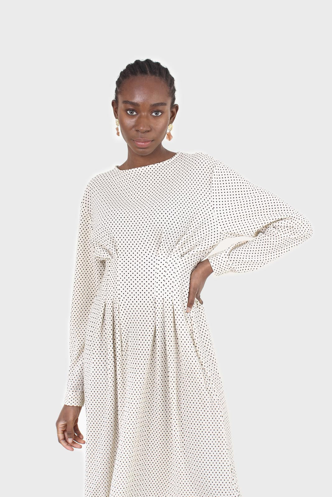 Ivory and black polka dot ribbed maxi dress