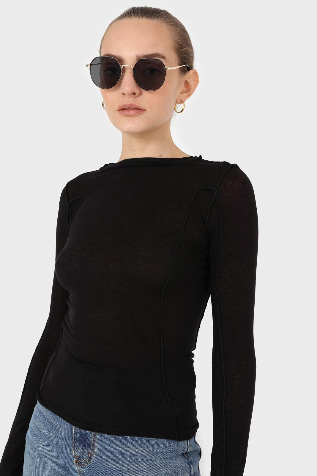 Black jersey frill seam long sleeved top