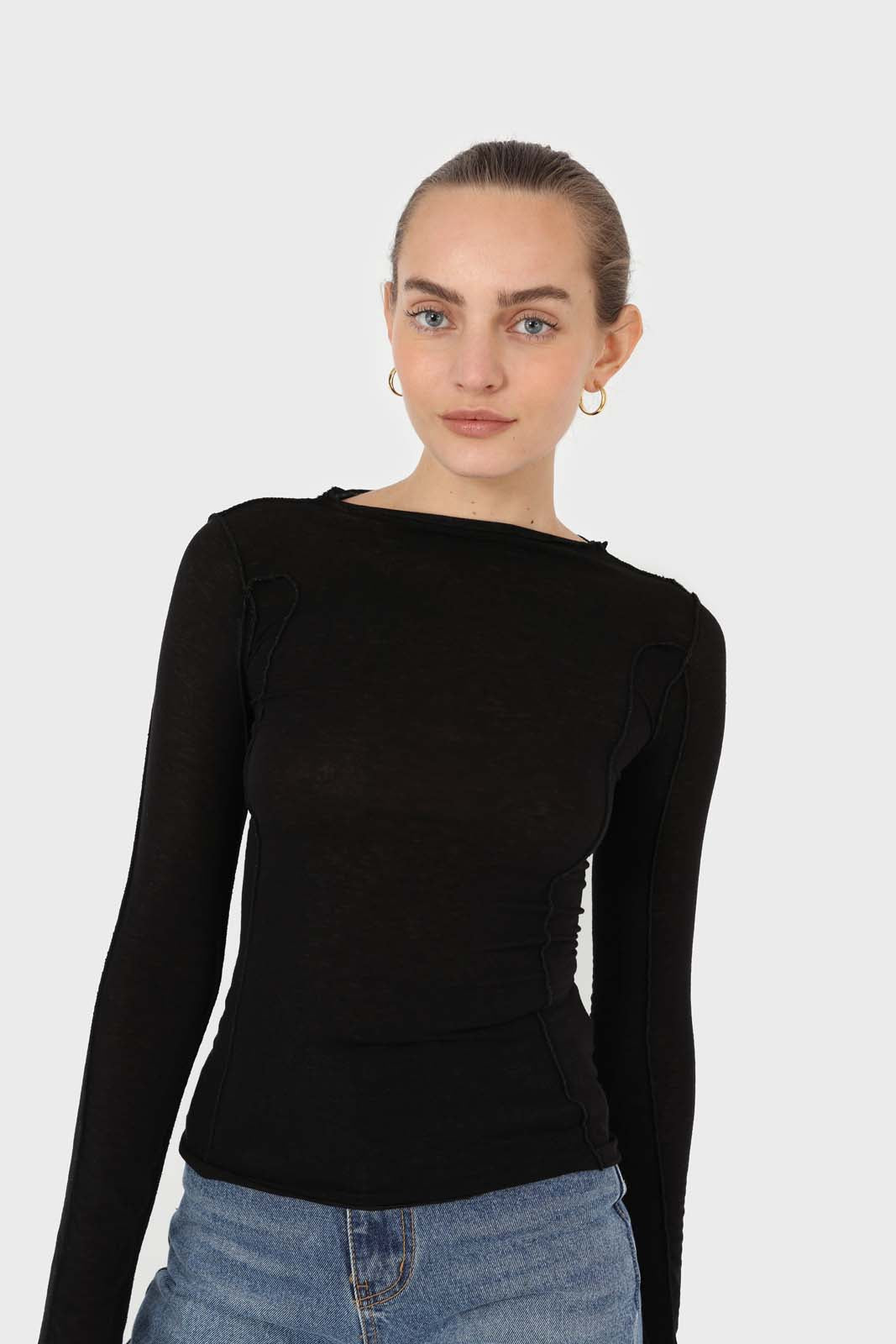 Black jersey frill seam long sleeved top